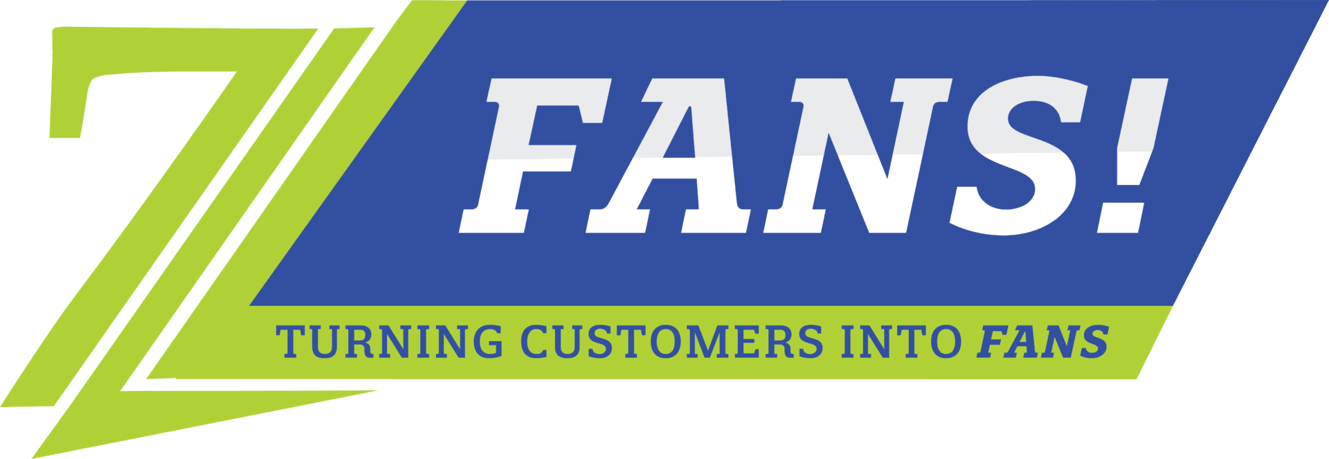 A blue and green banner with the words " fans " in front of it.