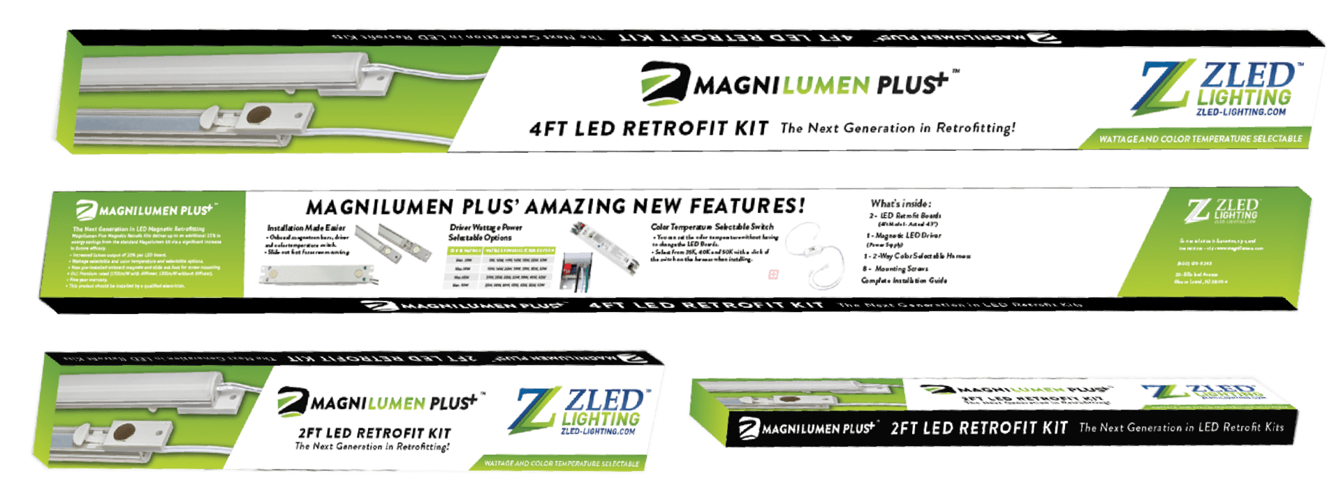 A set of four different packages for the magnilumen plus led retrofit kit.