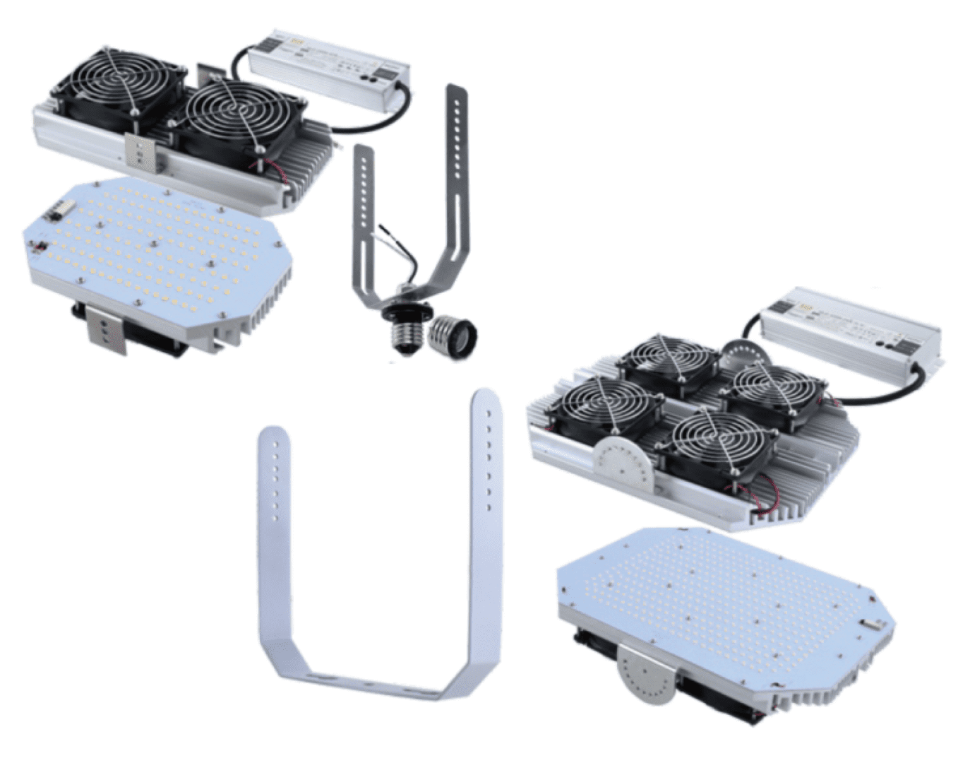 LED grow light components and mounting brackets.