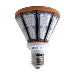 An LED light bulb with multiple panels and an orange rim.