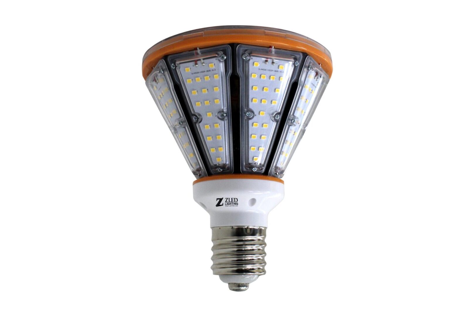 An LED light bulb with multiple panels and an orange rim.