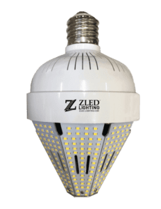 A close up of the front side of an led light bulb