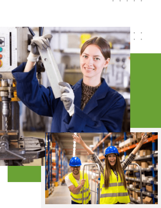A collage of women in blue hard hats and work clothes.