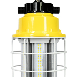 Yellow caged LED work light with hook.