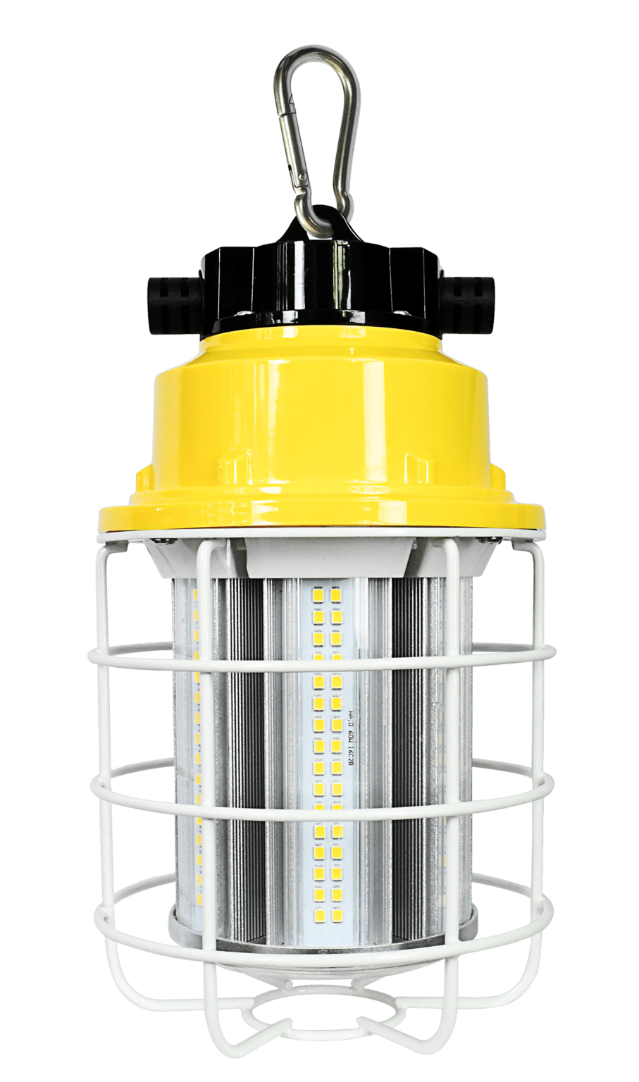 Yellow caged LED work light with hook.