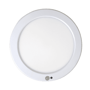 White round ceiling light with sensor.