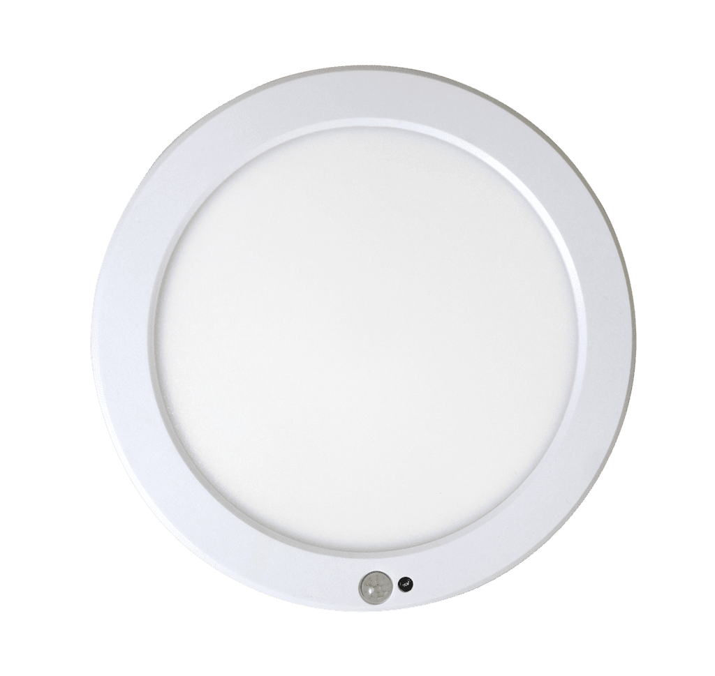 White round ceiling light with sensor.