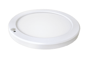 White round ceiling light with sensor.