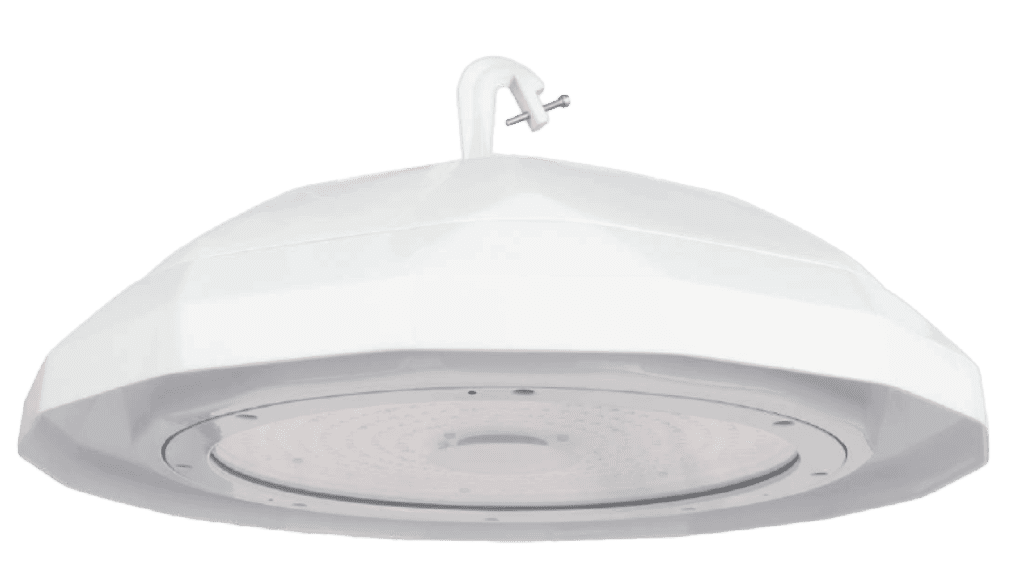 White industrial LED ceiling light fixture.