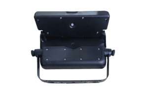 Black handheld spotlight with handle.