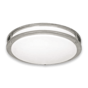 Round brushed nickel ceiling light fixture.