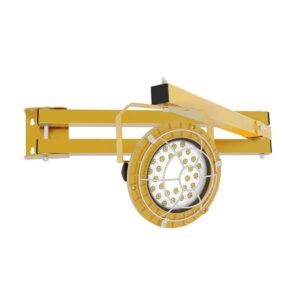 Yellow LED work light with cage.