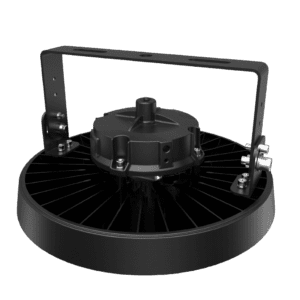 Black round LED light fixture.