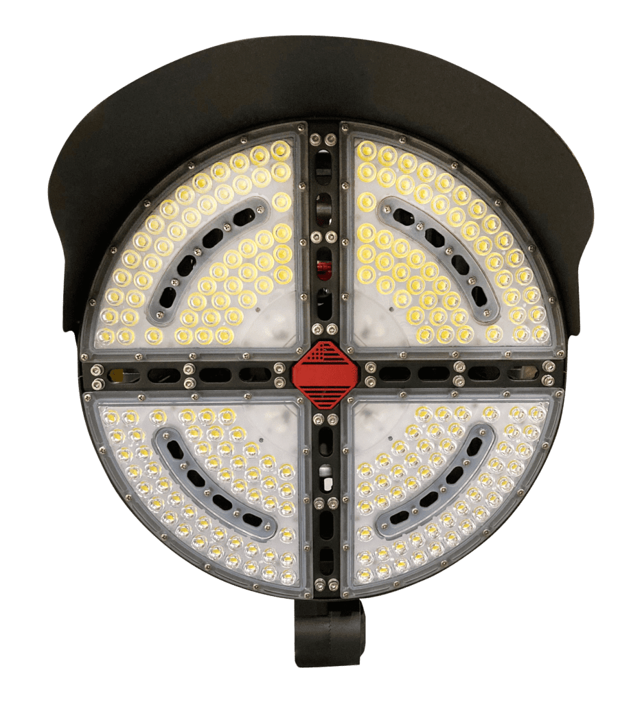 Round LED light with a black shade.
