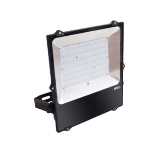Black LED floodlight with IP65 rating.