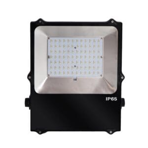 Black LED floodlight with IP65 rating.