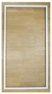 White frame on wood background.