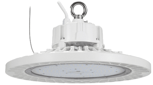 White LED ceiling light fixture with hook.