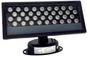 Black outdoor light with multiple LEDs.