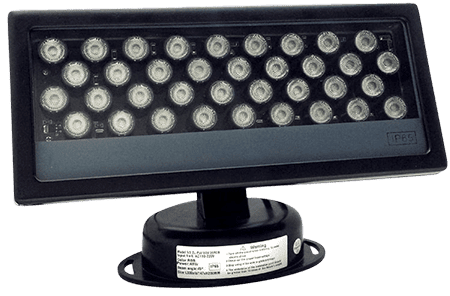 Black outdoor light with multiple LEDs.