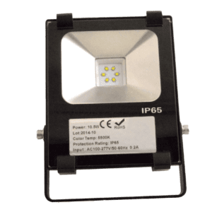 Black LED floodlight with IP65 rating.
