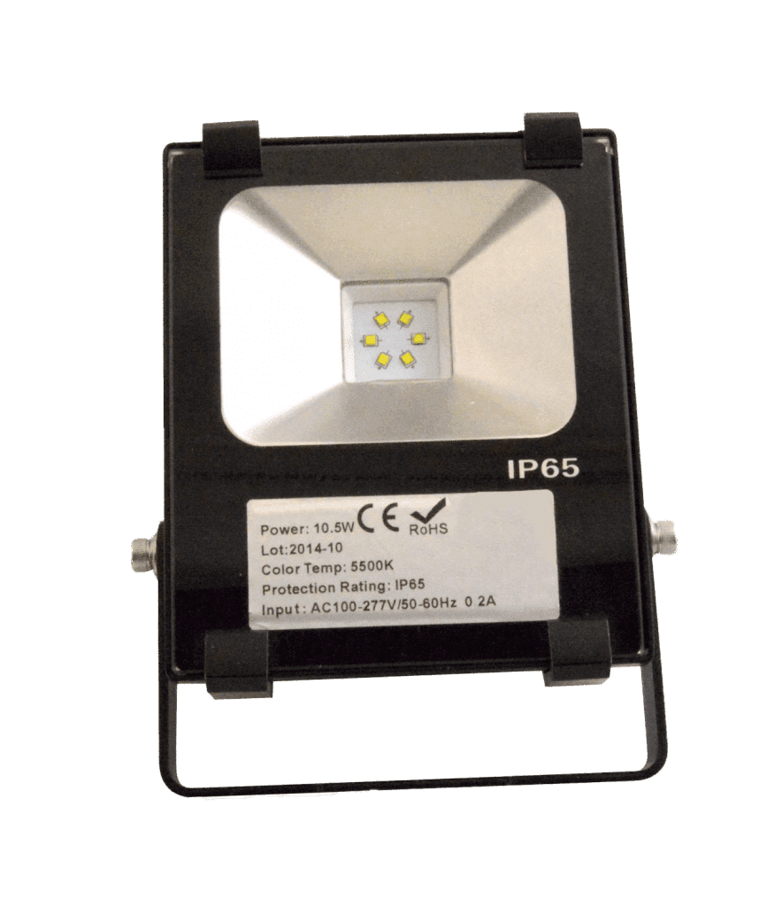 Black LED floodlight with IP65 rating.