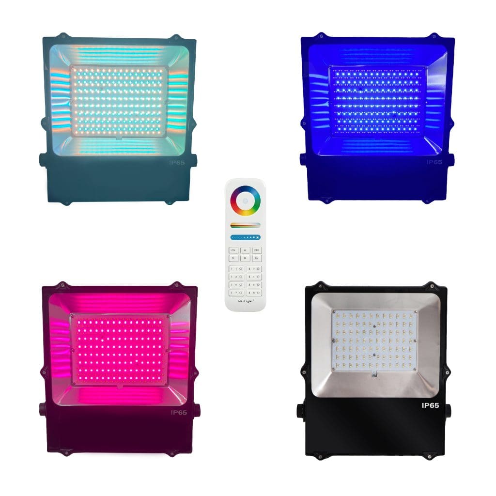 Four LED floodlights with remote control.