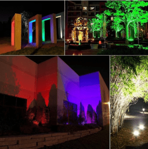 Colorful spotlights illuminate buildings and trees.