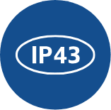 Blue circle with white IP43 rating.