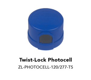 Blue twist-lock photocell for outdoor lighting.