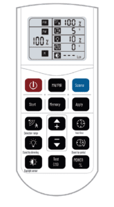 White remote control with buttons and display.