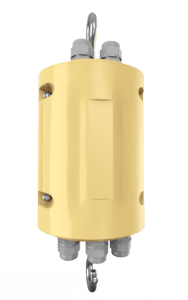 Yellow electrical box with hook and cables.