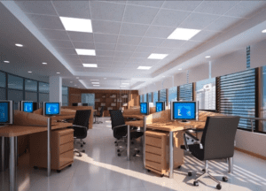 Modern office workspace with computers and chairs.