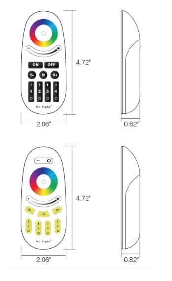 Two white remote controls with rainbow wheels.