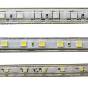LED strip with white lights on white background.
