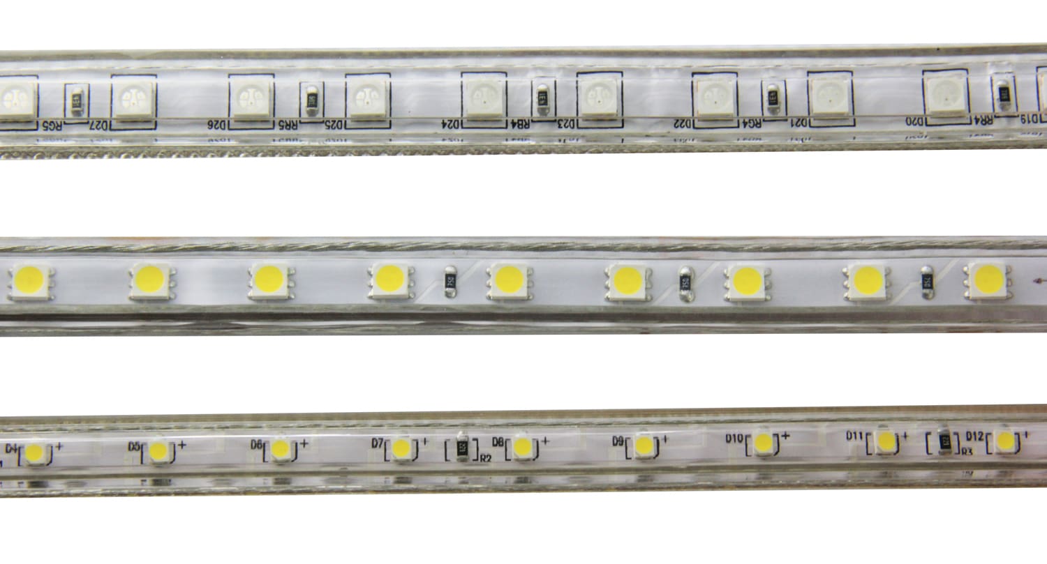 LED strip with white lights on white background.