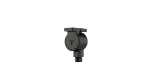Black flow control valve with dial.