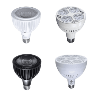 Four different LED light bulbs displayed.