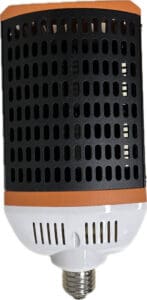 Orange and black LED light bulb.