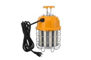 Here's an alt tag for the image: `Yellow LED work light with cage`
