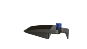 Black plastic object with blue knob.