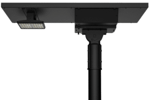 Solar-powered street light with LED panel.
