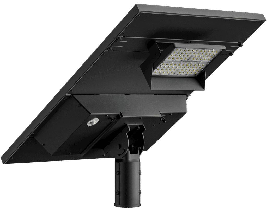 Solar-powered LED street light fixture.