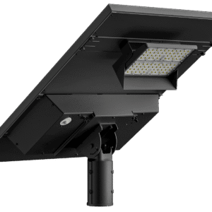 Solar-powered LED street light fixture.