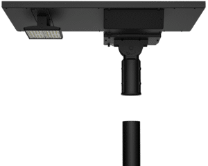 Black solar-powered outdoor streetlight fixture.