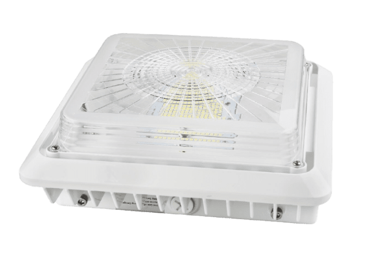 Square LED ceiling light with transparent cover.