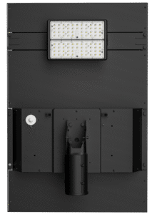 Rectangular LED streetlight fixture, black background.