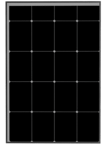 Rectangular black solar panel with silver frame.