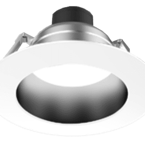 Round recessed ceiling light with white trim.