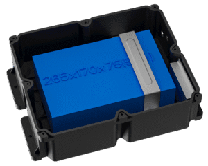 Blue rectangular object in black container.